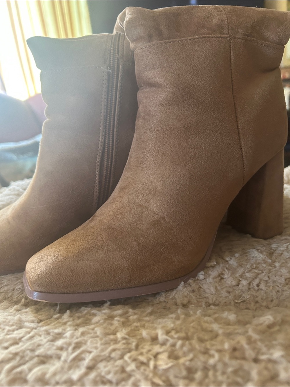 Suede Block Heel Ankle Boots - Tan